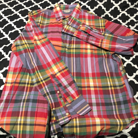 J. Crew Mens Summer Plaid Button Up Shirt Sz Large Long Sleeve Colorful Red - Picture 4 of 5